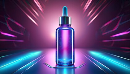 cosmetic dropper bottle mockup with glowing neon light background futuristic skincare product display no branding no labels