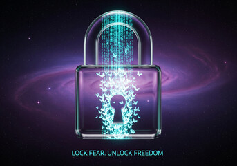 Security unlock freedom concept digital lock with butterflies and binary code illustration