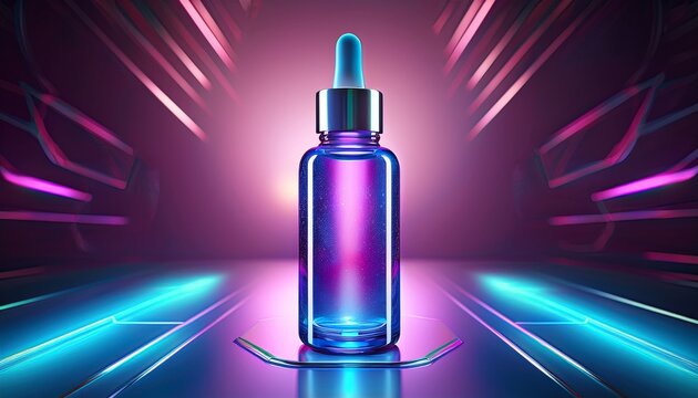 cosmetic dropper bottle mockup with glowing neon light background futuristic skincare product display no branding no labels