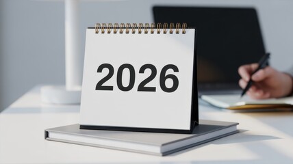 White desk calendar displaying the year 2026 with a person writing in background