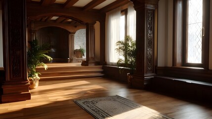 A grand interior space characterized by rich wooden architecture ornate carvings large  and flowing curtains illuminated by natural sunlight casting