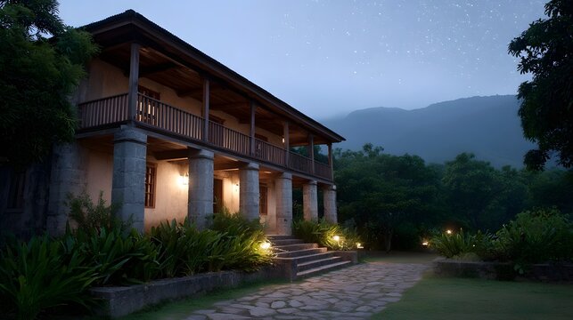 Historic colonial residence with open veranda under a starry night sky with rolling fog and distant mountains - Powered by Adobe