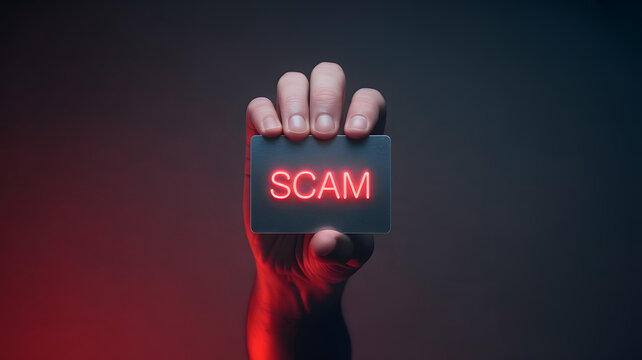 Protect yourself from online fraud - Hand holding a card with the word SCAM in glowing red letters, signaling danger and the need for cybersecurity awareness
