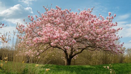 Naklejka premium Pink magnolia tree in bloom during springtime, symbolizing seasonal change
