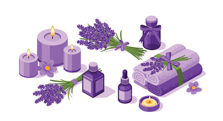 Relaxing lavender aromatherapy set with scented candles and essential oils for a calming spa day experience at home or in a professional setting