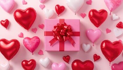 Wrapped gift in pink box with red bow and heart-shaped balloons, suitable for Valentine's Day, festive background for text
