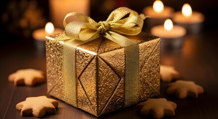 Elegant golden gift box with a satin bow surrounded by star shaped cookies and flickering candles