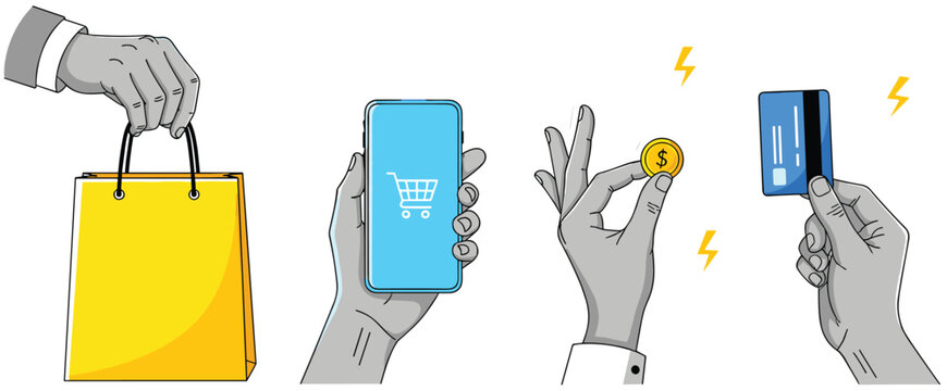Modern vector illustration set of four black and white hands engaging in e-commerce, showing actions like holding a shopping bag, smartphone with a cart icon, credit card, and coin for online payment