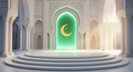 Majestic islamic architecture with glowing crescent moon archway and circular stage