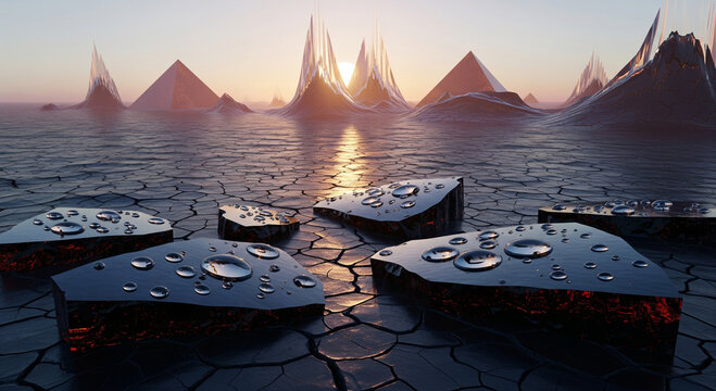 Arid landscape with water droplets on rocks and distant mountains at sunrise digital art design - Powered by Adobe