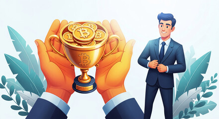 Illustration of golden trophy full of coin with a B symbol held by two hands, next to a man in a suit. Concept: financial success, achievement
