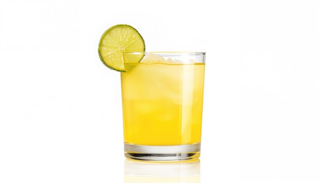 Yellow cocktail featuring a lime slice on a white background, refreshing drink option