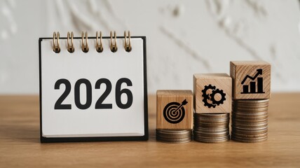 2026 calendar and stacked coins with business growth icons symbolizing future success