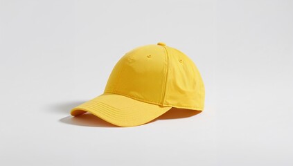 Fototapeta premium Yellow cap against a white backdrop, practical accessory for outdoor activities