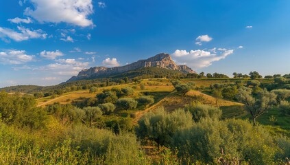 Naklejka premium Mountain landscape with olive trees and hay under a blue sky, summer tranquility