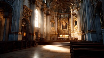 Obraz premium Sunlight illuminates the ornate interior of a grand gilded church highlighting its majestic altar and intricate decorative carvings