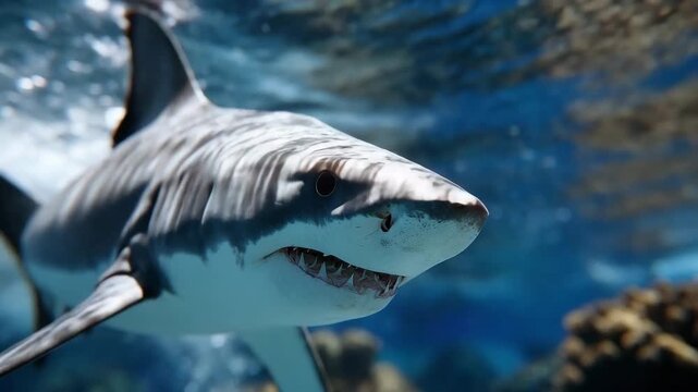 Underwater cinematic view of shark swimming head-on, calm yet intimidating presence, bubbles and light reflections around body