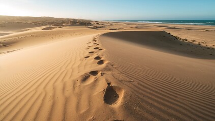 Footprints on sandy dunes, showcasing natural patterns, seasonal change