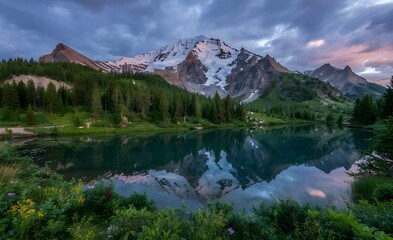 Snow-Capped Mountain Reflected in Crystal-Clear Alpine Lake at Dusk