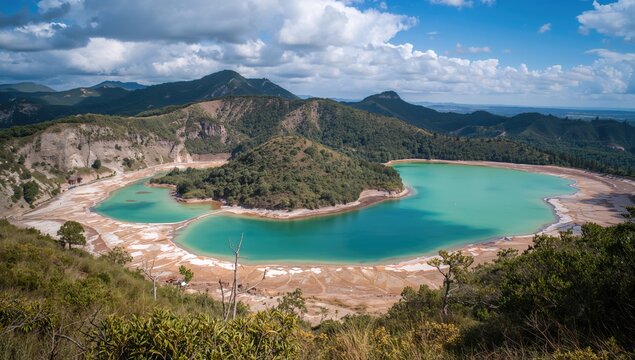 A tranquil blue lake nestled among lush green hills with white sandy shores, showcasing natural beauty and serene landscape - Powered by Adobe