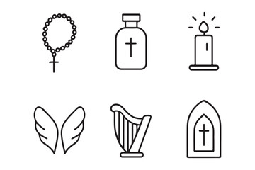 Religious symbols including rosary cross candle wings harp and church