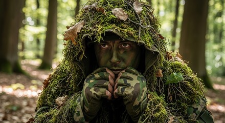 Soldier in camouflage ghillie suit lying in forest
