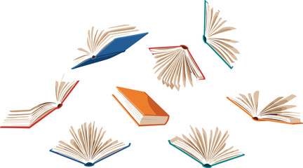 Vector illustration of multiple open and closed books falling or floating in the air, symbolizing knowledge, magic, education, imagination, reading, and the conceptual freedom of literature
