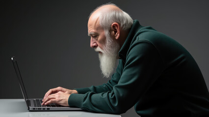 Focused elderly man using laptop deep thought wearing green sweater side profile modern technology digital communication concentration gray