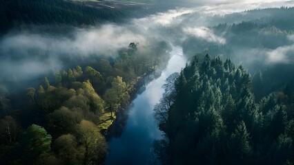 A river winding through dense woodland, morning mist rising above the water 