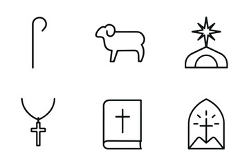 Simple black line icons depicting religious symbols sheep star and crosses