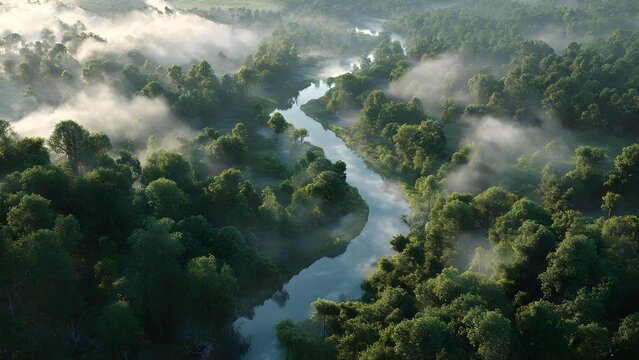 A river winding through dense woodland, morning mist rising above the water 