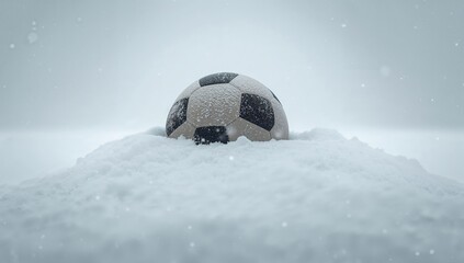 Soccer ball resting in a blanket of winter snow, seasonal playfulness