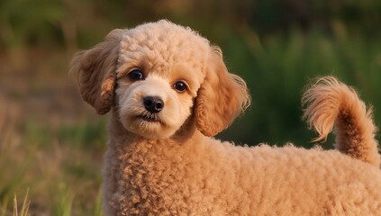 A poodle with a confused expression, exploring the outdoors, showcasing curiosity