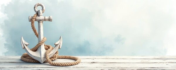 White vintage anchor with thick rope rests on weathered wood planks. Soft watercolor background suggests calm sea and sky. Nautical decor object.