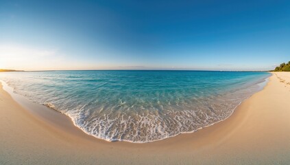 Panoramic view of a coastline with crystal-clear waters and untouched sandy shores, seasonal change