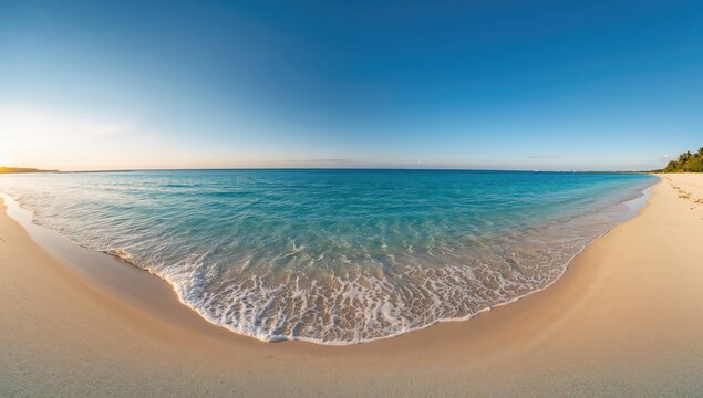 Panoramic view of a coastline with crystal-clear waters and untouched sandy shores, seasonal change