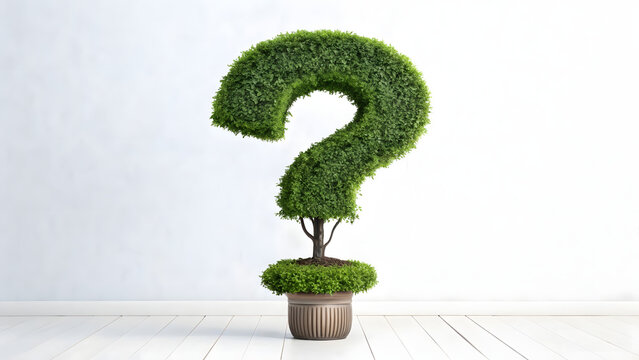 Creative green topiary shaped like a question mark in a minimalist indoor setting symbolizing curiosity, ideas and growth