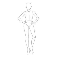 Children's fashion design template featuring girl body croquis in front and back views. Clean line art illustration perfect for kids clothing designers, children's fashion sketching,