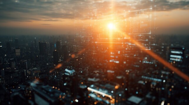 The skyline of a bustling city glows at sunset, with warm orange light illuminating various buildings and digital overlays showcasing technological elements. This vibrant city scen