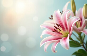 Fototapeta premium Close up of pink and white lilies with soft light. Delicate petals unfurl in gentle pastel tones, creating a serene and elegant floral composition. Fresh bloom with bokeh background.