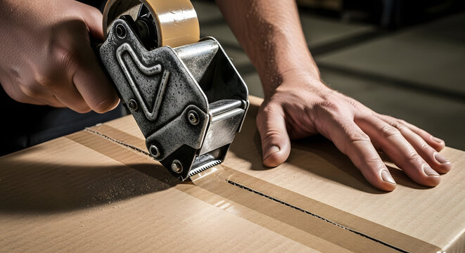 Man's Hands Sealing a Cardboard Box with a Tape Gun for Packaging, An image showing hands sealing a cardboard box with tan tape, ideal for packing or moving concepts