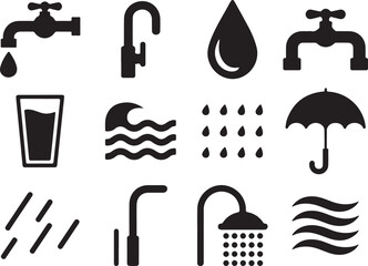 Collection of simple black and white icons representing water and weather elements