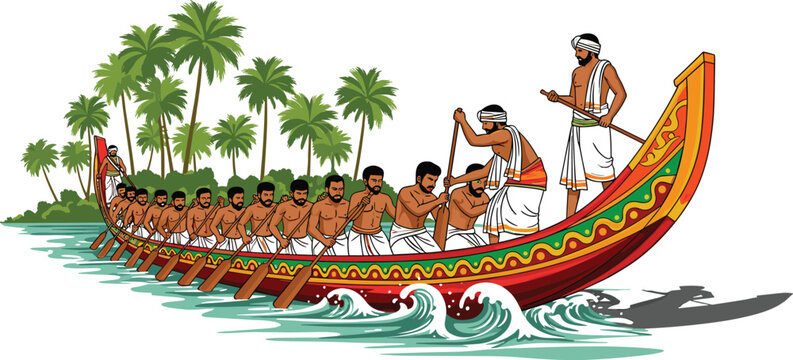 Vibrant vector illustration of a traditional Indian Keralan snake boat (Chundan Vallam) race, featuring many rowers, a palm tree island, and a man directing the crew, symbolizing cultural festival and