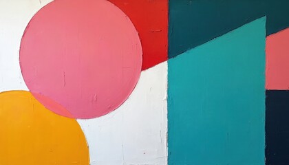 Abstract geometric painting with pink circle and turquoise square. Bold colors, graphic shapes, and textured brushstrokes create modern art composition. Background features white and red elements.