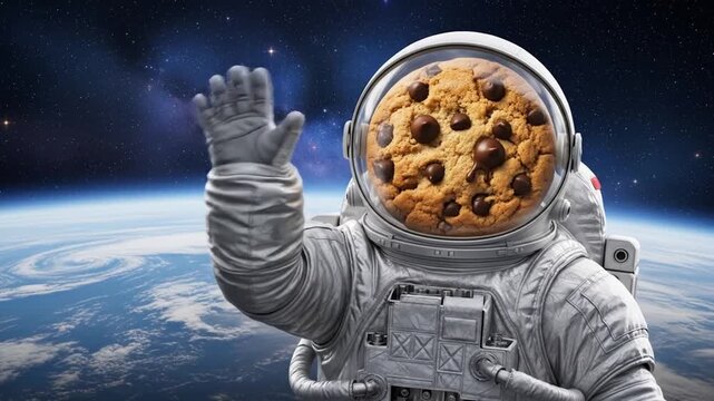 Whimsical astronaut with a chocolate chip cookie helmet waving from above Earth in space