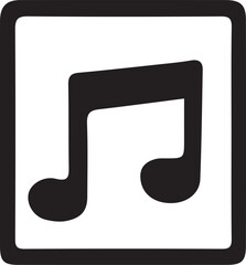 Simple black and white icon depicting a musical note within a square frame