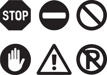 Collection of common warning and prohibition road signs in black and white