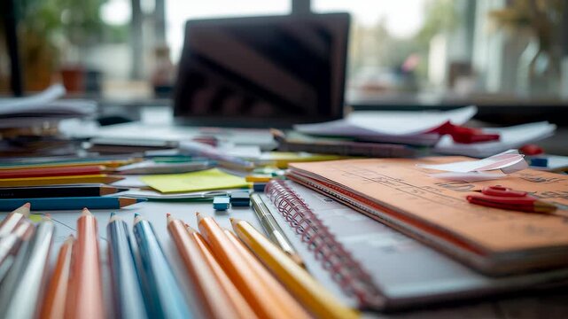 Messy creative workspace desk with colorful notebooks pens laptop and scattered papers near window