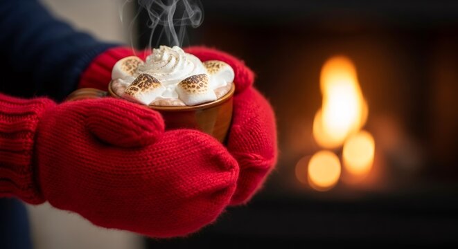 Person with red mittens holding a mug of hot cocoa with toasted marshmallows. Cozy winter drink by a fireplace for Christmas and New Year.