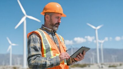 Wind Energy Inspector at Work: An engineer, in his hard hat and safety vest, meticulously examines data on a tablet, with towering wind turbines forming an imposing backdrop. - Powered by Adobe